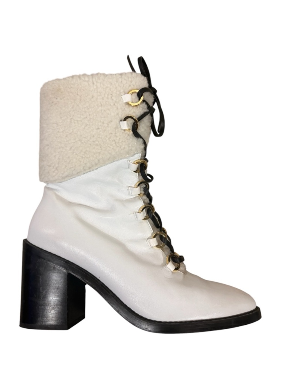Stuart Weitzmam Misha White Leather Boots Women's Lace Up Block Heel  Casual